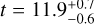 Mathematical equation: $t = 11.9_{ - 0.6}^{ + 0.7}$