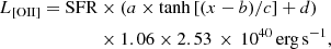 Mathematical equation: $$ \begin{aligned} \begin{aligned} L_{\rm [OII]} = \mathrm{SFR} &\times \left( a \times \tanh \left[(x-b)/c \right] + d \right) \\&\times 1.06 \times 2.53\,\times \,10^{40}\,\mathrm{erg\,s}^{-1}, \end{aligned} \end{aligned} $$