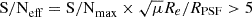 Mathematical equation: $ \mathrm{S/N}_{\mathrm{eff}} = \mathrm{S/N}_{\mathrm{max}} \times \sqrt{\mu} R_e / R_{\mathrm{PSF}} > 5 $