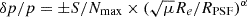 Mathematical equation: $ \delta p / p = \pm S/N_{\mathrm{max}} \times (\sqrt{\mu} R_e /R_{\mathrm{PSF}})^{\alpha} $