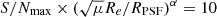 Mathematical equation: $ S/N_{\mathrm{max}} \times (\sqrt{\mu} R_e /R_{\mathrm{PSF}})^{\alpha} = 10 $