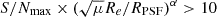Mathematical equation: $ S/N_{\mathrm{max}} \times (\sqrt{\mu} R_e / R_{\mathrm{PSF}})^{\alpha} > 10 $