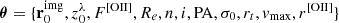 Mathematical equation: $ \boldsymbol{\theta} = \{\mathbf{r}_0^{\mathrm{img}}, z_0^\lambda, F^{\mathrm{[OII]}}, R_e, n, i, \mathrm{PA}, \sigma_0, r_t, v_{\mathrm{max}}, r^{\mathrm{[OII]}}\} $