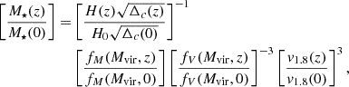 Mathematical equation: $$ \begin{aligned} \left[ \frac{M_\star (z)}{M_\star (0)} \right] =&\left[ \frac{H(z) \sqrt{\Delta _c(z)}}{H_0 \sqrt{\Delta _c(0)}}\right]^{-1} \nonumber \\&\left[ \frac{f_M(M_{\rm vir}, z)}{f_M(M_{\rm vir}, 0)} \right] \left[ \frac{f_V(M_{\rm vir}, z)}{f_V(M_{\rm vir}, 0)} \right]^{-3} \left[ \frac{v_{1.8}(z)}{v_{1.8}(0)} \right]^3, \end{aligned} $$