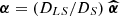 Mathematical equation: $ \boldsymbol{\alpha} = (D_{LS} / D_{S}) \ \boldsymbol{\widehat{\alpha}} $