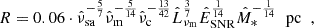 Mathematical equation: $$ \begin{aligned} R = 0.06 \cdot \hat{\nu }_{\rm sa}^{-\frac{5}{7}} \hat{\nu }_{\rm m}^{-\frac{5}{14}} \hat{\nu }_{\rm c}^{-\frac{13}{42}} \hat{L}_{\rm \nu _{\rm m}}^{\frac{3}{7}} \hat{E}_{\rm SNR}^{\frac{1}{14}}\hat{M}_{*}^{-\frac{1}{14}} \; \; \mathrm{pc} \; \; , \end{aligned} $$
