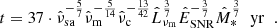 Mathematical equation: $$ \begin{aligned} t = 37 \cdot \hat{\nu }_{\rm sa}^{-\frac{5}{7}} \hat{\nu }_{\rm m}^{-\frac{5}{14}} \hat{\nu }_{\rm c}^{-\frac{13}{42}} \hat{L}_{\rm \nu _{\rm m}}^{\frac{3}{7}} \hat{E}_{\rm SNR}^{-\frac{3}{7}}\hat{M}_{*}^{\frac{3}{7}} \; \; \mathrm{yr} \;\; . \end{aligned} $$