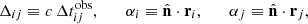 Mathematical equation: $$ \begin{aligned} \Delta _{ij}\equiv c\,\Delta t_{ij}^\mathrm{obs},\qquad \alpha _i\equiv \hat{\mathbf{n }}\cdot \mathbf r _i,\qquad \alpha _j\equiv \hat{\mathbf{n }}\cdot \mathbf r _j, \end{aligned} $$