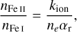 Mathematical equation: $\[\frac{n_{\mathrm{Fe} ~\small{\mathrm{II}}}}{n_{\mathrm{Fe} ~\small{\mathrm{I}}}}=\frac{k_{\mathrm{ion}}}{n_{e} \alpha_{\mathrm{r}}},\]$