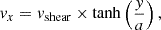 Mathematical equation: $$ \begin{aligned} v_x = v_{\mathrm{shear} } \times \tanh \left(\frac{y}{a}\right) , \end{aligned} $$