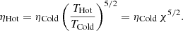 Mathematical equation: $$ \begin{aligned} \eta _{\rm {Hot}} = \eta _{\rm {Cold}} \left(\frac{T_{\rm {Hot}}}{T_{\rm {Cold}}} \right)^{5/2} = \eta _{\rm {Cold}} \, \chi ^{5/2} . \end{aligned} $$
