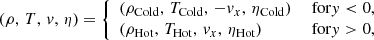 Mathematical equation: $$ \begin{aligned} (\rho ,\, T,\, v,\, \eta ) = {\left\{ \begin{array}{ll} (\rho _{\rm {Cold}}, \, T_{\rm {Cold}}, \, -v_x, \, \eta _{\rm {Cold}})&\text{ for} y < 0, \\ (\rho _{\rm {Hot}}, \, T_{\rm {Hot}}, \, v_x, \, \eta _{\rm Hot})&\text{ for} y > 0 , \end{array}\right.} \end{aligned} $$