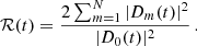 Mathematical equation: $$ \begin{aligned} \mathcal{R} (t) = \dfrac{2\sum _{m = 1}^{N} |D_{m}(t)|^{2}}{|D_{0}(t)|^{2}}\, . \end{aligned} $$