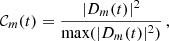 Mathematical equation: $$ \begin{aligned} \mathcal{C} _{m}(t) = \dfrac{|D_{m}(t)|^{2}}{\max ({|D_{m}(t)|^{2}})}\, , \end{aligned} $$