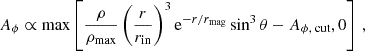Mathematical equation: $$ \begin{aligned} A_{\phi } \propto \max \left[\dfrac{\rho }{\rho _{\text{max}}}\left(\dfrac{r}{r_{\text{in}}}\right)^{3}\mathrm{e} ^{-r/r_{\text{mag}}}\sin ^{3}{\theta } - A_{\phi , \text{ cut}}, 0\right]\,, \end{aligned} $$