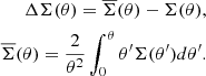 Mathematical equation: $$ \begin{aligned} \begin{split} \Delta \Sigma (\theta ) = \overline{\Sigma }(\theta ) - \Sigma (\theta ), \\ \overline{\Sigma }(\theta ) = \frac{2}{\theta ^2} \int _0^\theta \theta ^{\prime } \Sigma (\theta ^{\prime })d\theta ^{\prime }. \end{split} \end{aligned} $$