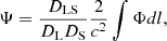 Mathematical equation: $$ \begin{aligned} \Psi = \frac{D_{\rm LS}}{D_{\rm L} D_{\rm S}} \frac{2}{c^2} \int \Phi dl, \end{aligned} $$