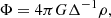 Mathematical equation: $$ \begin{aligned} \Phi = 4 \pi G \Delta ^{-1} \rho , \end{aligned} $$