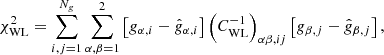 Mathematical equation: $$ \begin{aligned} \chi _{\mathrm{WL}}^2 = \sum _{i,j = 1}^{N_g} \sum _{\alpha ,\beta = 1}^2 \left[g_{\alpha ,i} - \hat{g}_{\alpha ,i}\right] \left(C_{\mathrm{WL}}^{-1}\right)_{\alpha \beta ,ij} \left[g_{\beta ,j} - \hat{g}_{\beta ,j}\right] , \end{aligned} $$