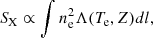 Mathematical equation: $$ \begin{aligned} S_{\rm X} \propto \int n_{\rm e}^2 \Lambda (T_{\rm e}, Z) dl, \end{aligned} $$