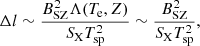 Mathematical equation: $$ \begin{aligned} \Delta l \sim \frac{B_{\mathrm{SZ}}^2 \Lambda (T_{\rm e}, Z)}{S_{\rm X} T_{\rm sp}^2} \sim \frac{B_{\mathrm{SZ}}^2}{S_{\rm X} T_{\rm sp}^2}, \end{aligned} $$