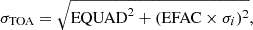 Mathematical equation: $$ \begin{aligned} \sigma _{\rm TOA} = \sqrt{\mathrm{EQUAD}^2 +( \mathrm{EFAC} \times \sigma _i)^2}, \end{aligned} $$