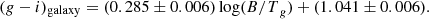 Mathematical equation: $$ \begin{aligned} (g-i)_\mathrm{galaxy}&= (0.285 \pm 0.006) \log ({B/T}_g) + (1.041 \pm 0.006) .\end{aligned} $$