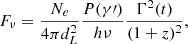 Mathematical equation: $$ \begin{aligned} F_\nu =\frac{N_e}{4\pi d_L^2}\frac{P(\gamma \prime )}{h\nu }\frac{\Gamma ^2(t)}{(1+z)^2}, \end{aligned} $$
