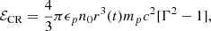 Mathematical equation: $$ \begin{aligned} \mathcal{E} _{\rm CR}=\frac{4}{3}\pi \epsilon _pn_0r^3(t)m_pc^2[\Gamma ^2-1], \end{aligned} $$