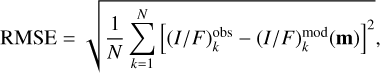 Mathematical equation: $\[\mathrm{RMSE}=\sqrt{\frac{1}{N} \sum_{k=1}^N\left[(I / F)_k^{\mathrm{obs}}-(I / F)_k^{\mathrm{mod}}(\mathbf{m})\right]^2},\]$