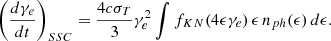 Mathematical equation: $$ \begin{aligned} \left( \frac{d\gamma _e}{dt} \right)_{SSC} = \frac{4 c \sigma _T}{3} \gamma _e ^ 2 \int f_{KN}(4 \epsilon \gamma _e) \, \epsilon \, n_{ph}(\epsilon ) \, d\epsilon . \end{aligned} $$