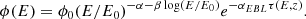 Mathematical equation: $$ \begin{aligned} \phi (E) = \phi _{0}(E/E_{0})^{-\alpha -\beta \log (E/E_{0})}e^{-\alpha _{EBL} \tau (E,z)}. \end{aligned} $$