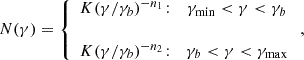 Mathematical equation: $$ \begin{aligned} N(\gamma ) = \left\{ \begin{array}{lc} K(\gamma /\gamma _{b})^{-n_{1}}\!:&\gamma _{\rm min}<\gamma <\gamma _{b} \\ \\ K(\gamma /\gamma _{b})^{-n_{2}}\!:&\gamma _{b}<\gamma < \gamma _{\mathrm{max}} \end{array} \right., \end{aligned} $$
