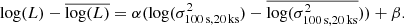 Mathematical equation: $$ \begin{aligned} \log (L) - \overline{\log (L)}= \alpha (\log (\sigma ^2_{100\,\mathrm{s}, 20\,\mathrm{ks}}) -\overline{\log (\sigma ^2_{100\,\mathrm{s}, 20\,\mathrm{ks}}})) + \beta . \end{aligned} $$