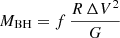 Mathematical equation: $ M_{\mathrm{BH}} = f \, \frac{R \, \Delta V^2}{G} $