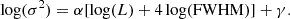 Mathematical equation: $$ \begin{aligned} \log (\sigma ^2) = \alpha [\log (L) + 4 \log (\mathrm{FWHM} )] + \gamma . \end{aligned} $$