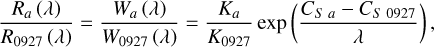 Mathematical equation: $\[\frac{R_a(\lambda)}{R_{0927}(\lambda)}=\frac{W_a(\lambda)}{W_{0927}(\lambda)}=\frac{K_a}{K_{0927}} ~\exp~ \left(\frac{C_{S a}-C_{S ~0927}}{\lambda}\right),\]$