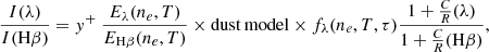 Mathematical equation: $$ \begin{aligned} \frac{I(\lambda )}{I(\mathrm{H}\beta )} = y^{+} \ \frac{E_{\lambda }(n_{e}, T)}{E_{\rm H\beta }(n_{e}, T)} \times \mathrm{dust\,model} \times f_{\lambda }(n_{e}, T, \tau ) \frac{1 + \frac{C}{R}(\lambda )}{1 + \frac{C}{R}(\mathrm{H}\beta )}, \end{aligned} $$