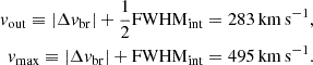Mathematical equation: $$ \begin{aligned} \begin{aligned} v_{\rm out} \equiv |\Delta v_{\rm br}|+\frac{1}{2} \mathrm{FWHM}_{\rm int} = 283\,\mathrm{km\,s^{-1}}, \\ v_{\rm max} \equiv |\Delta v_{\rm br}|+\mathrm{FWHM}_{\rm int} = 495\,\mathrm{km\,s^{-1}}. \end{aligned} \end{aligned} $$