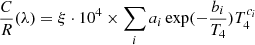 Mathematical equation: $$ \begin{aligned} \frac{C}{R}(\lambda ) = \xi \cdot 10^4 \times \sum _{i} a_{i}\,{\exp }(-\frac{b_{i}}{T_{4}})T_4^{c_{i}} \end{aligned} $$