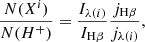 Mathematical equation: $$ \begin{aligned} \frac{N(X^i)}{N(H^+)} = \frac{I_{\lambda (i)}}{I_{\rm H\beta }} \frac{j_{\rm H\beta }}{j_{\lambda (i)}}, \end{aligned} $$