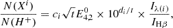 Mathematical equation: $$ \begin{aligned} \frac{N(X^i)}{N(H^+)} = c_i \sqrt{t} E^0_{4,2} \times 10^{d_i/t} \times \frac{I_{\lambda (i)}}{I_{\rm H\beta }}, \end{aligned} $$