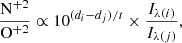 Mathematical equation: $$ \begin{aligned} \frac{\mathrm{N^{+2}}}{\mathrm{O^{+2}}} \propto 10^{(d_i-d_j)/t} \times \frac{I_{\lambda (i)}}{I_{\lambda (j)}}, \end{aligned} $$