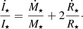 Mathematical equation: $$ \begin{aligned} \frac{\dot{I}_\star }{I_\star } = \frac{\dot{M}_\star }{M_\star } + 2 \frac{\dot{R}_\star }{R_\star }\cdot \end{aligned} $$