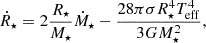 Mathematical equation: $$ \begin{aligned} \dot{R}_\star = 2 \frac{R_\star }{M_\star } \dot{M}_\star - \frac{28 \pi \sigma R_\star ^4 T_{\rm eff}^4}{3 G M_\star ^2}, \end{aligned} $$
