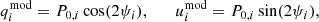 Mathematical equation: $$ \begin{aligned} q_i^\mathrm{mod} = P_{0,i}\cos (2\psi _i), \qquad u_i^\mathrm{mod} = P_{0,i}\sin (2\psi _i), \end{aligned} $$