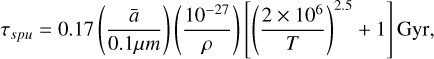 Mathematical equation: \tau_{spu} = 0.17 \left(\frac{\bar{a}}{0.1\mu m}\right) \left(\frac{10^{-27}}{\rho}\right) \left[\left(\frac{2\times 10^6}{T}\right)^{2.5} + 1\right] \rm Gyr ,