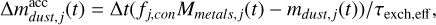 Mathematical equation: \Delta m_{dust,j}^{\rm acc}(t)=\Delta t (f_{j, con}M_{metals,j}(t) - m_{dust,j}(t))/\tau_{\rm exch, eff},