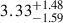 Mathematical equation: $ {3.33}_{-1.59}^{+1.48} $