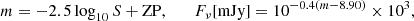 Mathematical equation: $$ \begin{aligned} m = -2.5\log _{10} S + \mathrm{ZP}, \qquad F_{\nu } [\mathrm{mJy}] = 10^{-0.4(m - 8.90)} \times 10^{3}, \end{aligned} $$